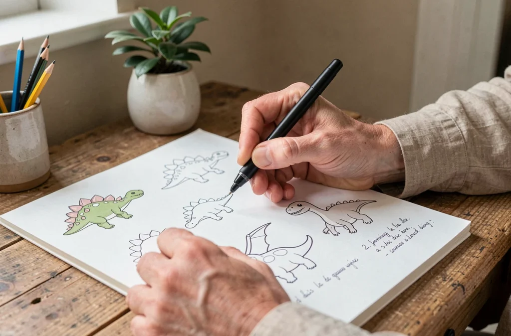 Gros plan de mains dessinant des dinosaures simples étape par étape dans un carnet de croquis sur un bureau en bois