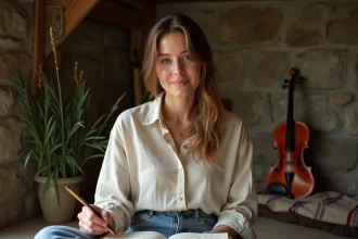 Jeune femme bretonne consultant un carnet de notation traditionnelle gwers dans une ferme en pierre, explorant le sens contemporain de la musique trad