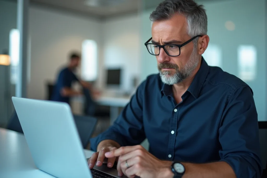 Homme d'affaires concentré devant un écran d'ordinateur portable analysant un texte en français, représentant la correction orthographique des pronoms démonstratifs