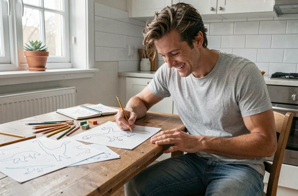 Homme souriant dessinant des dinosaures au crayon sur une table de cuisine entourée de feuilles de papier