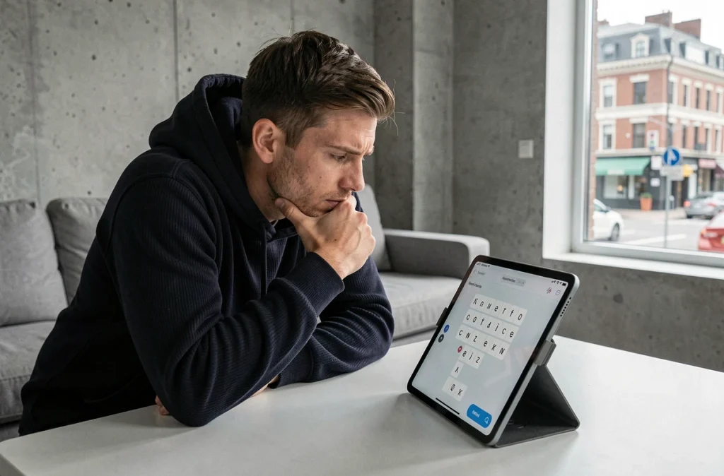 Homme réfléchi utilisant une tablette pour jouer à un jeu de mots type Cimentix dans un appartement moderne