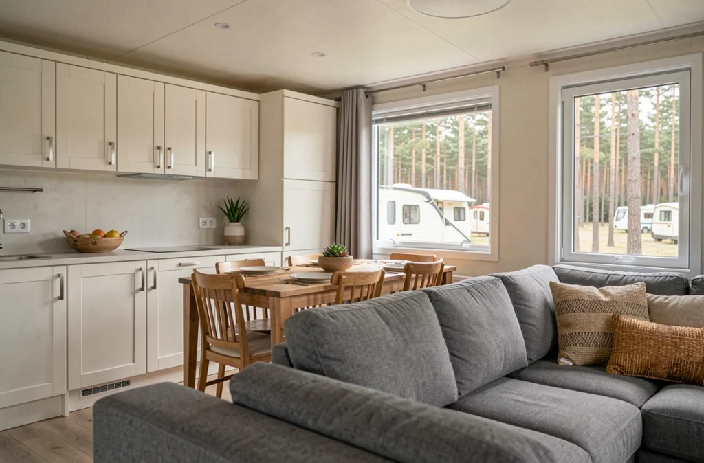 Intérieur moderne et spacieux d'un mobil-home haut de gamme fabriqué par un constructeur français