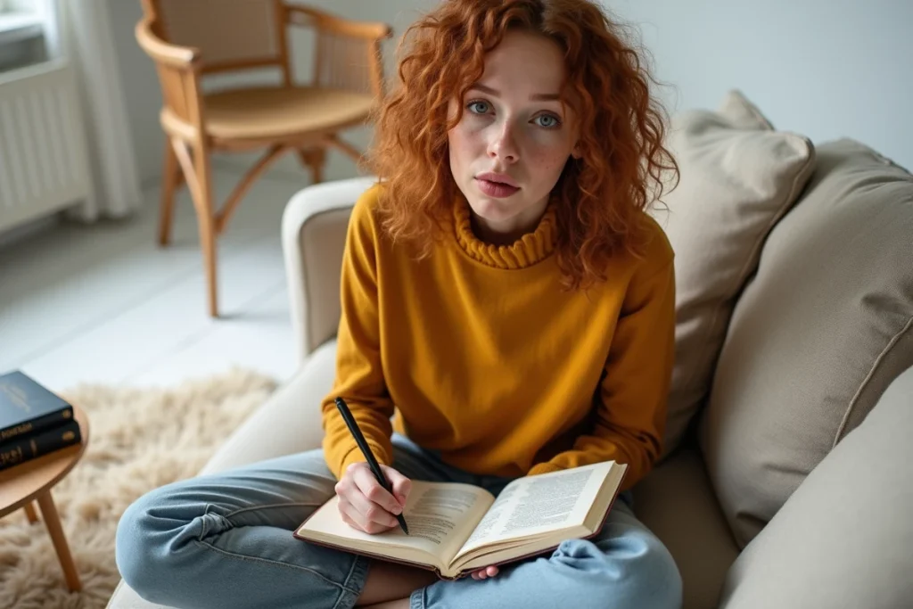 Jeune femme aux cheveux bouclés écrivant dans un carnet sur un canapé avec un dictionnaire français ouvert, illustrant l'apprentissage des règles grammaticales du français