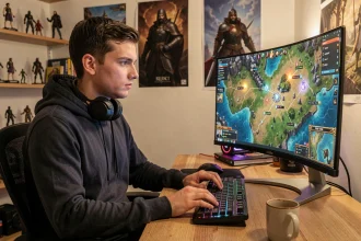 Joueur de jeu vidéo MMORPG concentré sur sa quête devant un écran avec carte fantaisie colorée
