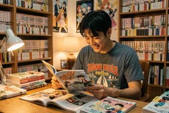 Jeune homme lisant un tome de manga One Piece assis à un bureau encombré de volumes manga dans une chambre décorée d'affiches anime
