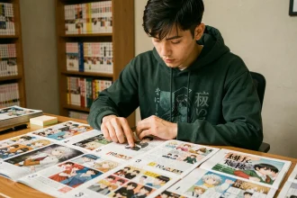 Jeune homme organisant des chapitres de manga Black Clover en ordre chronologique sur un bureau en bois