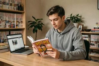 Jeune homme lisant un manga à son bureau à domicile, entouré de collections de mangas, illustrant la question de la légalité des scans en ligne