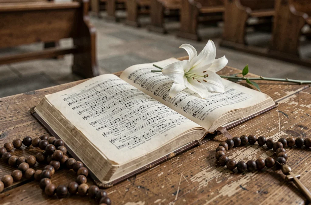 Livre de chants liturgiques catholiques ouvert sur un banc d'église avec chapelet pour funérailles