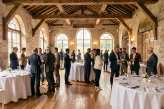 Vue d'ensemble d'une salle de réception en Loire-Atlantique avec des professionnels visitant le lieu pour un événement