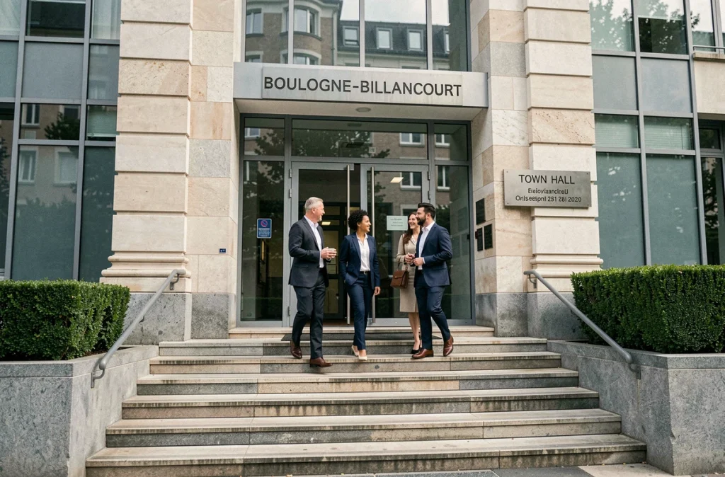 Entrée de la mairie de Boulogne-Billancourt avec plaque municipale et code postal officiel 92012