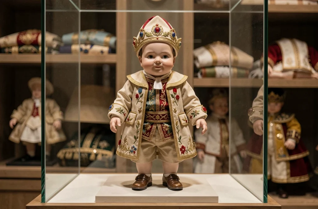 Statue du Manneken Pis habillée d'un costume cérémoniel brodé exposée dans une vitrine du musée GardeRobe à Bruxelles