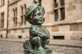 Gros plan sur la statue du Manneken Pis à Bruxelles avec détails de la patine en bronze et fond architectural flou