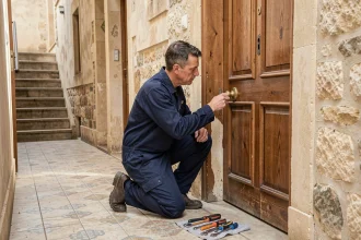 Un serrurier professionnel inspecte une serrure sur une porte en bois dans un couloir résidentiel typique de Poitiers