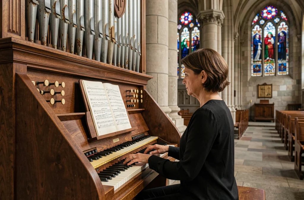 Organiste jouant un orgue d'église catholique pour une cérémonie funèbre liturgique