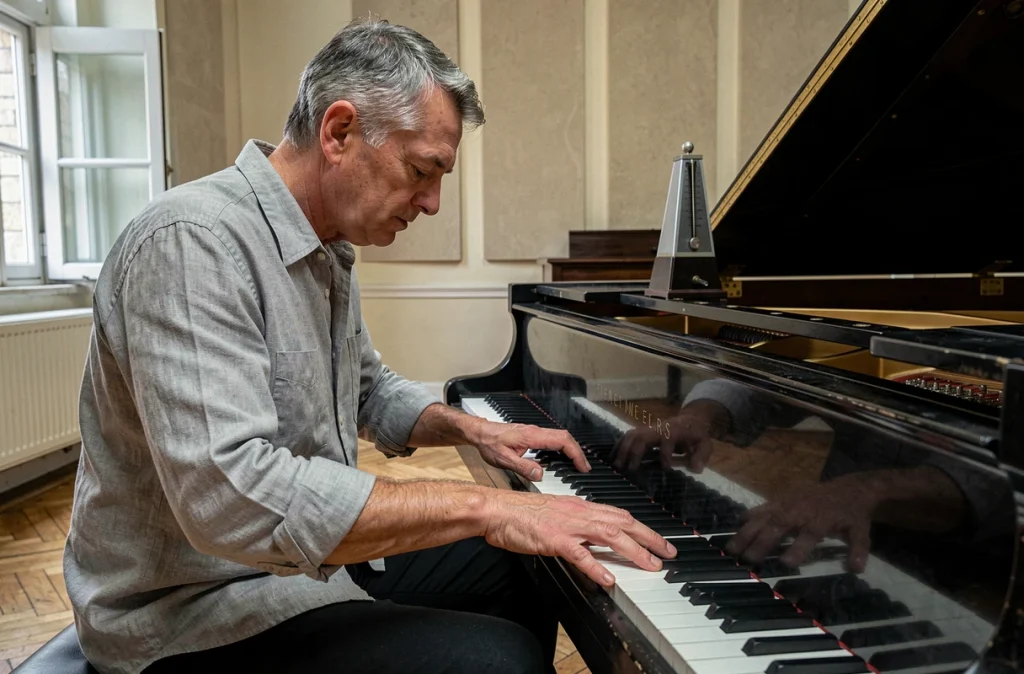 Pianiste masculin en chemise grise jouant une large intervalle basse à la main gauche sur un piano à queue dans une salle de conservatoire