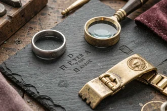 Gros plan sur des poinçons argent et or gravés sur des bijoux anciens posés sur une ardoise sombre avec une loupe de bijoutier