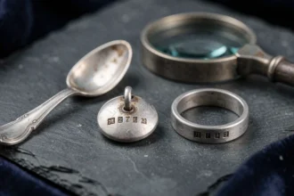Objets en argent ancien avec poinçons visibles posés sur ardoise noire, loupe de bijoutier au premier plan