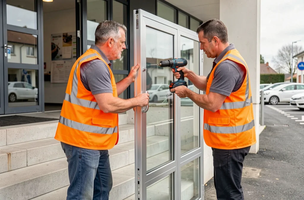 Deux techniciens de Pro Alu Systems installent une porte en aluminium et verre à l'entrée d'un bâtiment commercial