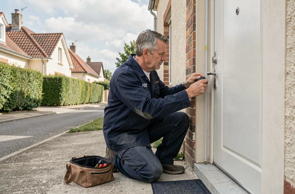 Le serrurier Roussaud Philippe mesure un cadre de porte pour installer une serrure multipoints dans une maison de banlieue à Poitiers