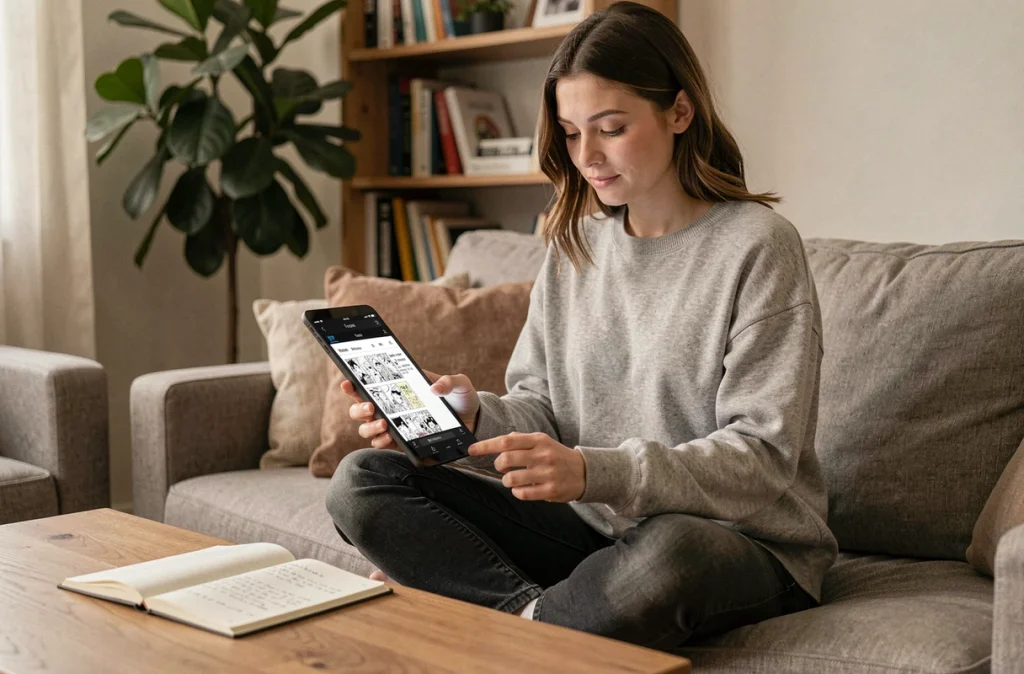 Jeune femme lisant le scantrad de Black Clover sur tablette avec liste de chapitres à l'écran