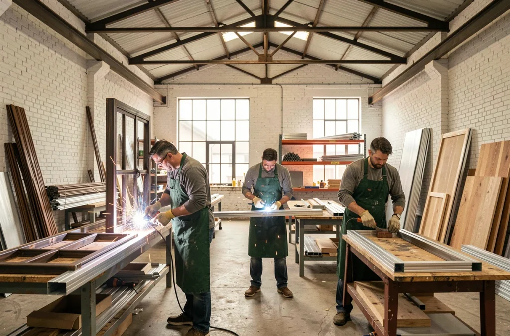 Des artisans de la SCOFAB travaillent ensemble dans un atelier coopératif sur des éléments en fer, aluminium et bois