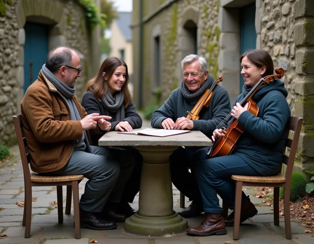 Groupe de musiciens traditionnels bretons en session informelle dans un village, discutant du sens actuel du gwers trad autour d'instruments acoustiques