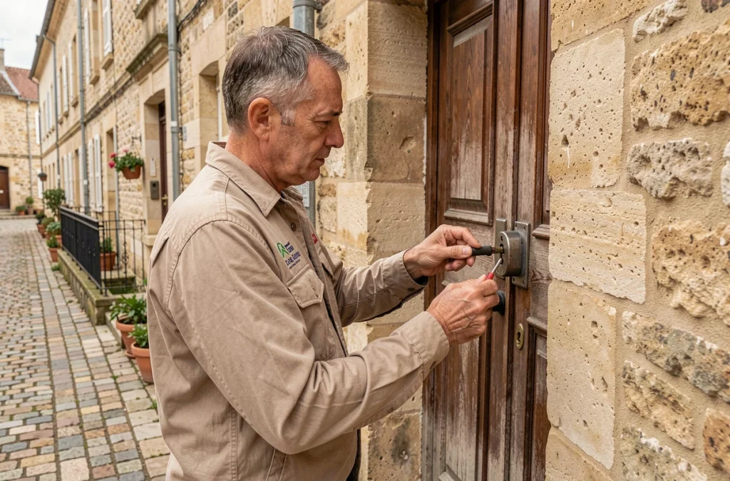 Un serrurier de la Société Pain remplace une serrure à mortaise sur la porte d'une maison en pierre à Poitiers