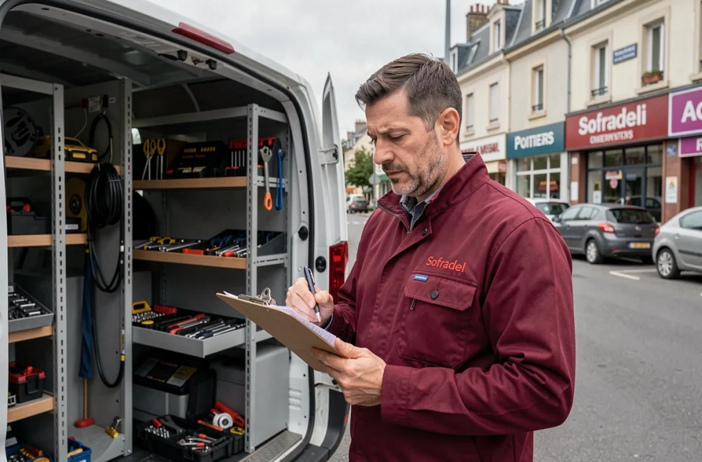 Un serrurier Sofradel consulte son bon de travail devant son véhicule équipé avant une intervention d'urgence à Poitiers
