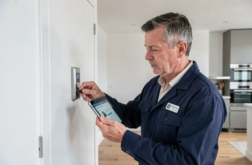 Un technicien Thébault programme une serrure électronique connectée sur une porte intérieure d'un appartement moderne