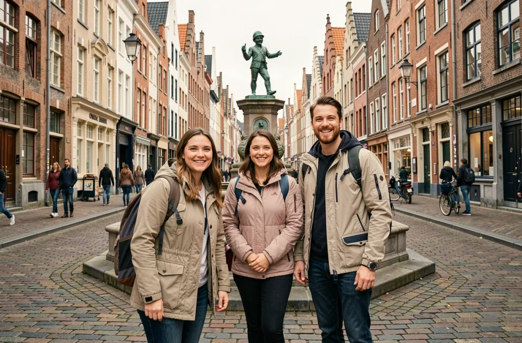 Touristes souriants devant la fontaine Manneken Pis dans les rues pavées du centre historique de Bruxelles