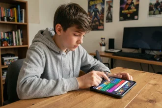 Adolescent entrant un code Supercell store Brawl Stars sur son smartphone dans sa chambre